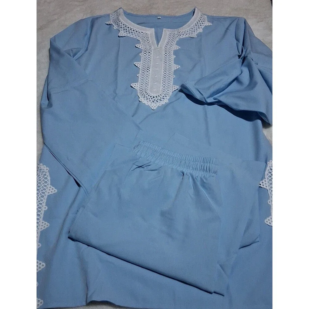Moroccan Style 2 piece slack/longsleeve shirt set sz small top/slacks light blue
